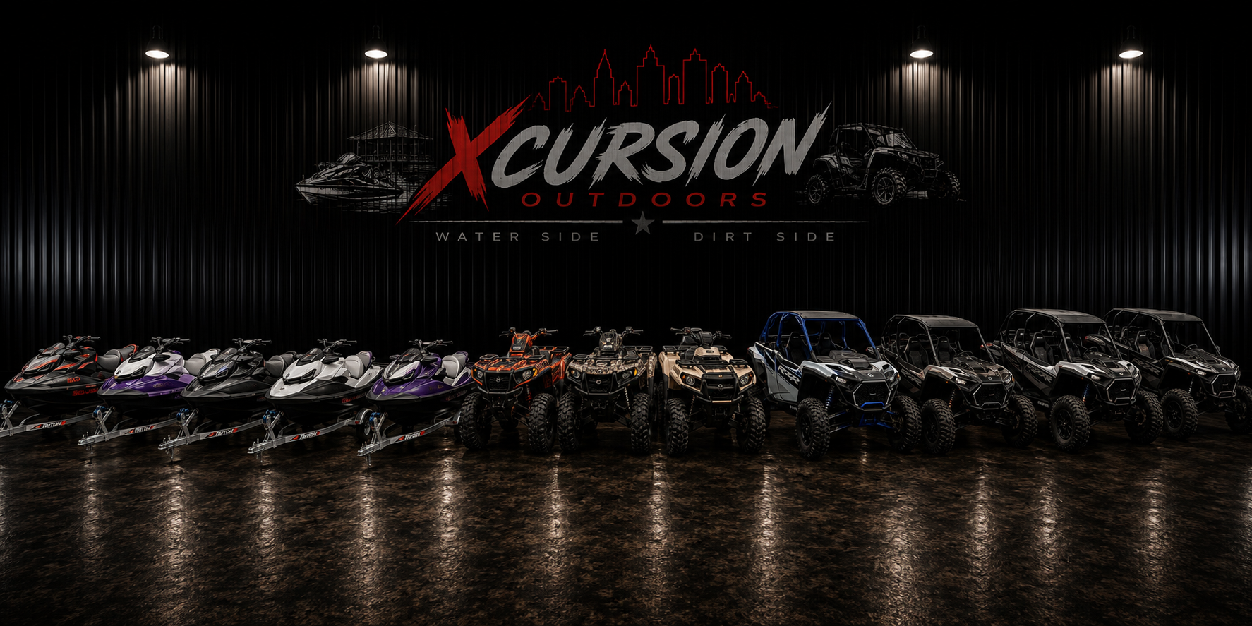 Xcursion Outdoors full fleet — jet skis, ATVs, and side-by-sides lined up in showroom